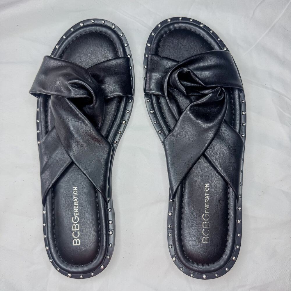 BCBGeneration Black Criss Cross Slide Sandals Studded Edge Womens 7.5